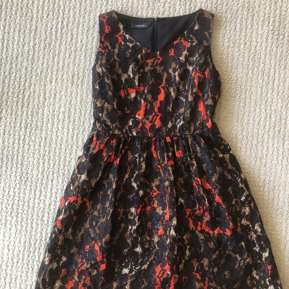 Tahari Black, Red & Gold Floral Lace Fit-and-Flare Dress